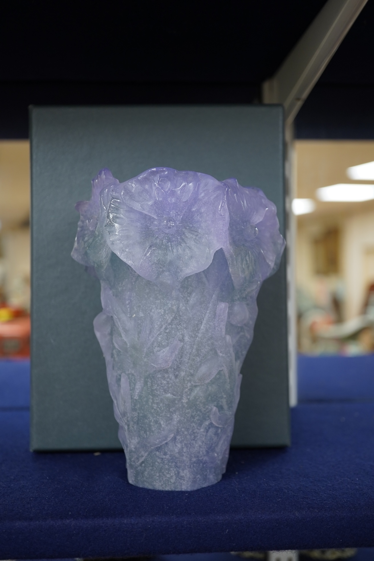 A modern Daum pate-de-verre Poppy lavender vase, boxed, 17cm high
